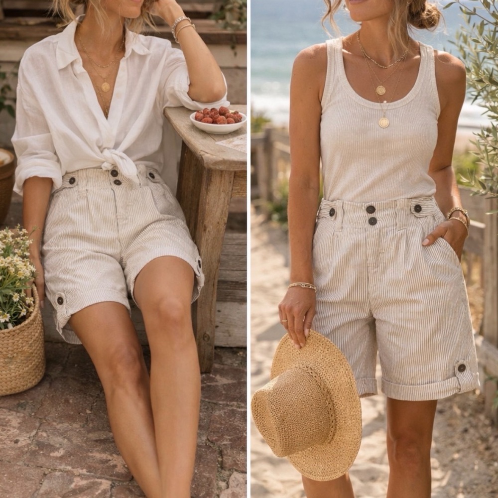 Vintage Nori Seersucker 100% Cotton Bermuda Shorts Tan Stripe Tab Hem L